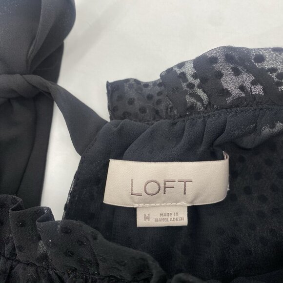 LOFT Black Chiffon Textured Polka Dot Blouse bow Tie Closure , Size M - Picture 3 of 11